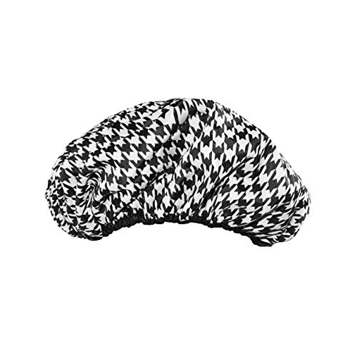 Product Image of the Reusable Nylon Shower Cap & Bath Cap, Reversible Oversized Waterproof Shower Caps Large Designed for all Hair Lengths w Terry Lining & Elastic Band Stretch Hem Hair Hat - Socialite Houndstooth