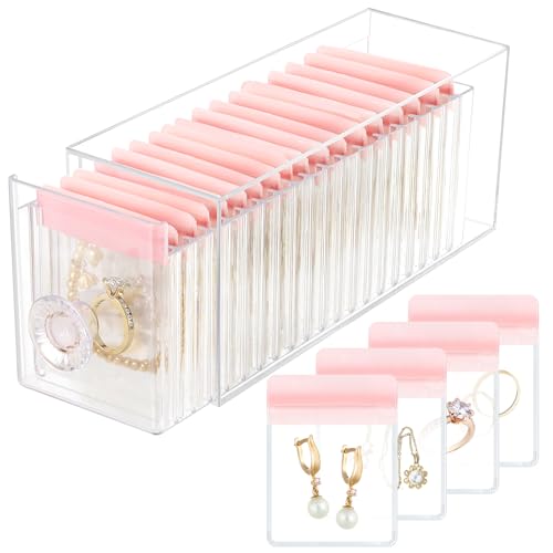 HOMEHIVE Clear Acrylic Jewelry Organizer Box with 20 Portable Pouches, Jewelry Storage Case for Women Girls, Tangle-Free, Anti-Tarnish, Compact Storage for Necklaces/Earrings/Rings, Upgraded Pink