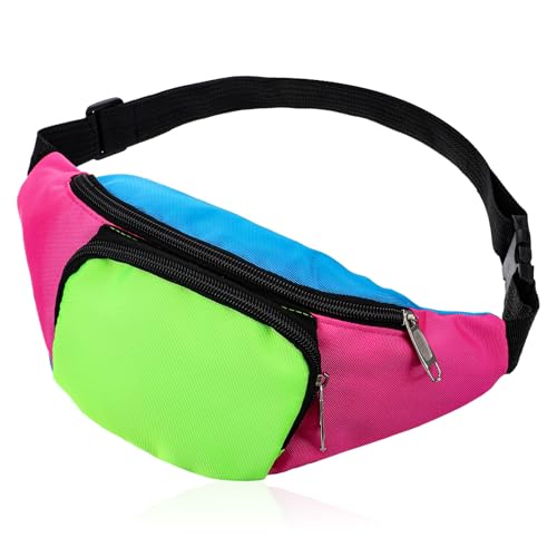 80s Neon Fanny Pack 2 Pockets 90s Belt Bags for Women Men Waist Retro Packs for Holiday Festival 80s Theme Halloween Party Vintage Rave Accessories Plus Size Belt Bag Pink Bottom