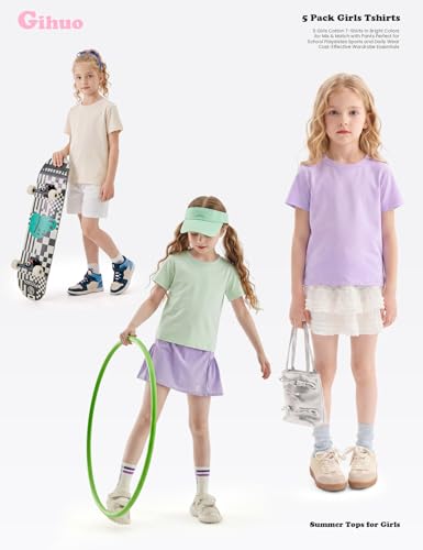 Image of Gihuo 5 Pack Girls T-Shirts Short Sleeve Shirt for Girls Cotton Tees Kids Tshirts Clothes Summer Tops