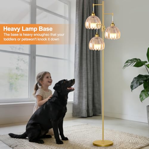 Image of ZECOXOL Gold Floor Lamps for Living Room 3 Lights Floor Lamp with Glass Lampshape & Three Led Bulb,Mid Century Standing Lamp