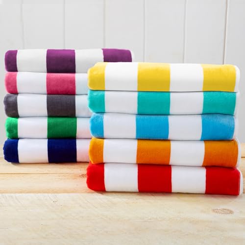Great Bay Home 100% Cotton Velour Oversized 4 Pack Beach Towels 35\" x 70\" - Navy Cabana Pool Towels - Quick Dry, Large Swim Towels for Adults and Kids