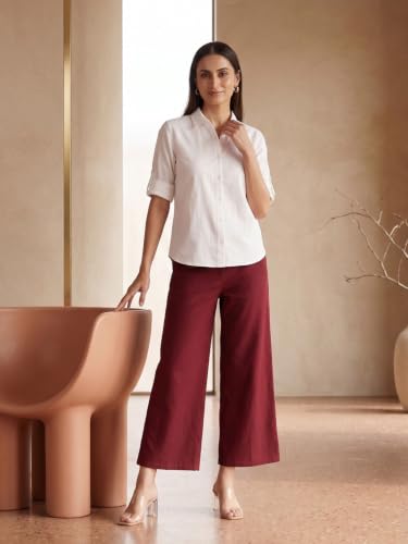 Image of SAADAA Women's Relaxed Fit Mid Rise Airy Linen Wide Leg Pants, High Waist Trousers for Formal, Casual & Office Wear