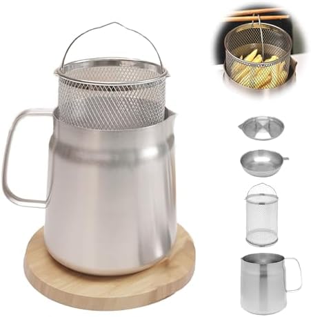 Stainless Steel Fryer, New Upgrade 1.5/2 L Stainless Steel Fryer Pot with Basket, Cooking Oil Container With Strainer (2.0 L)