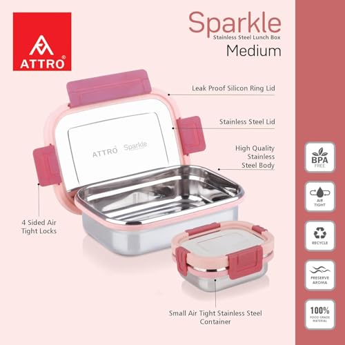 Image of ATTRO Sparkle Medium Stainless Steel Lunch Box 2-Piece Set - 800ml + 150ml - Leak-Proof, BPA-Free, Compact & Durable - Ideal for Kids, Office, Travel - Peach