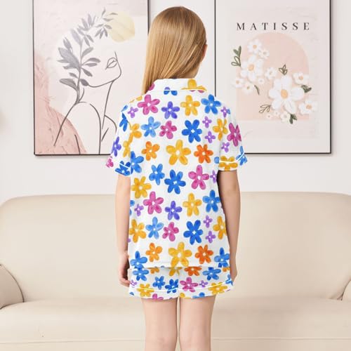 Flower Color Cute Simple Pattern Summer Satin Pajama Set, Cute Button-Down Sleepwear Pj Set for Sleep Wears4