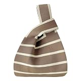 Bolso de Ganchillo para Mujer con Patrón de Rayas Diplomáticas Bolsa de Regalo Bolso de Nudo de Manga Plegable Bolso de Hombro Bolso Pequeño Portátil de Punto, Caqui