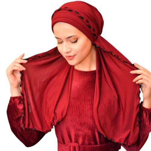 SUFIRIT Frilly Turbans for Women Burgundy-Hijab Undercap-Hijab Underscarf-Hijab Cap-Instant Hijab-Jersey Hijab-Sleep Bonnet-Hair Bonnet-Hijab Scarfs for Women-African Head Wraps for Women Muslim