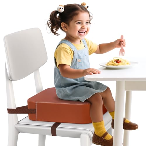 Toddler Booster Seat for Dining Table and Kitchen Chair – Adjustable Safety Straps, PU Leather, Non-Slip, Easy to Clean, Portable Travel Foam Booster Cushion for Kids &amp; Toddlers (Brown)