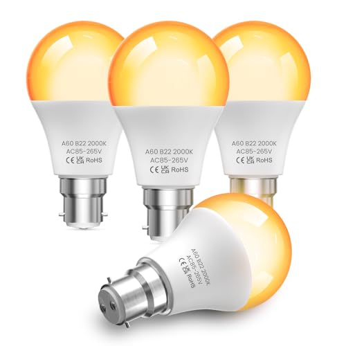 TobeBright Warm Light Bulb Bayonet 2000K Amber Light Bulbs, 9W B22 LED Bulb 60W Equivalent, BC Bayonet Light Bulb Blue Light Blocking, A60 Night Light Bulb for Bedroom,Sleep,Baby Nursery-4Pack