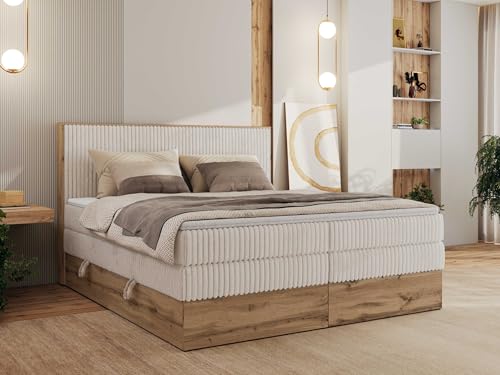 MKS MEBLE King Boxspringbett 200x200 Mit Bettkasten Eiche, Polsterbett Mit Matratze H3, Bett Mit Kopfteil und Holzrahmen in Wotan Eiche - Beige Cord - Wood Classic King MKS MEBLE King Boxspringbett 200x200 Mit Bettkasten Eiche, Polsterbett Mit Matratze H3, Bett Mit Kopfteil und Holzrahmen in Wotan Eiche - Beige Cord - Wood Classic King