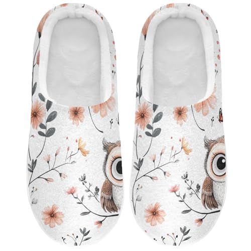 JUNZAN Cartoon Sweet Owls White Womens Cotton House Slippers Non Slip Memory Foam Hotel Slippers for Hospital Funny Presents 6-7