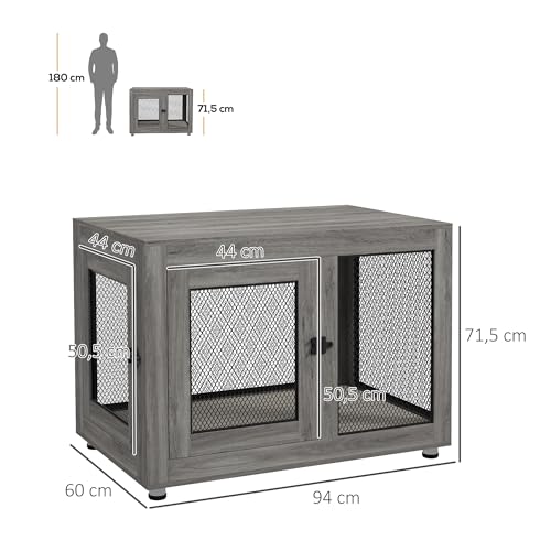 PawHut Hundekäfig Möbel mit 2 Türen waschbaren Kissen Moderne Stahl Hundebox für Zuhause Indoor Hundehütte für große Hunde bis zu 30 kg Hundehaus 94x60x71,5 cm Grau