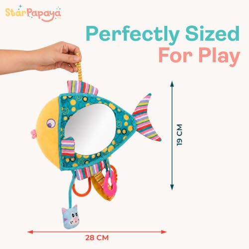 Image of Peek-a-Boo Fish Plush Stroller Toy with Baby-Safe Mirror | Colorful Hanging Sensory Rattle with C-Clip for Crib | Washable Interactive Tummy Time Soft | Pram & Car Seat Toys for Toddlers