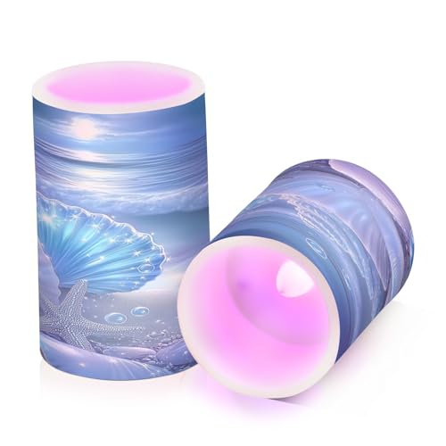 Image of Glowing Blue Sea Conch Shells Star Flickering Flameless Candles LED Battery Operated with Remote Timer Pillar Candles for Home Birthday Wedding Christmas Decor, Set of 2