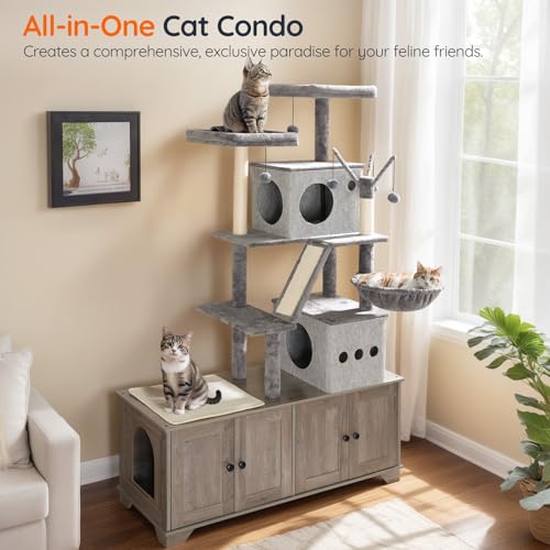 Mueble Torre para Gatos con Caja de Arena HOOBRO Greige miniatura 2