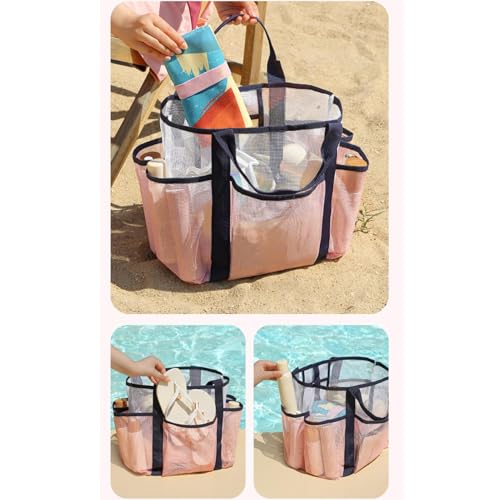 Mesh Beach Bag Women, Multi-Pocket Large Travel Tote, Lightweight Sand-Free Organizer for Towels Swimsuits Hats Scarves Toys,4