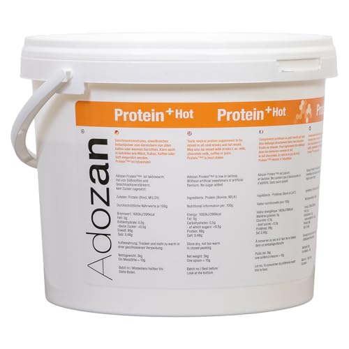 Adozan Protein +Hot | Protein Pulver Hitzebeständig bis 100C | Eiweißpulver Ohne Zucker Fett & Geschmack | Leicht Löslich Geschmacksneutral Eiweiß für Speisen Backen Kochen Getränke | 3kg