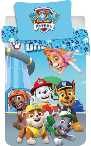 Parure de Lit Pat' Patrouille pour Petit Lit ou Lit Bébé, 100% Coton, Housse de Couette 100x135 cm et Taie d'Oreiller 40x60 cm, avec Chase, Marcus, Stella,...