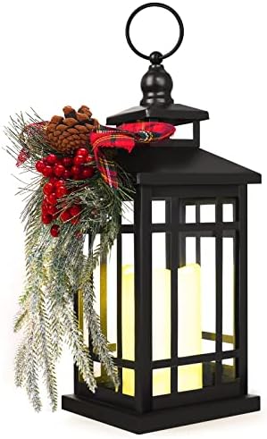 Metal Christmas Vintage Candle Lanterns with Led Light,Red Ribbon...