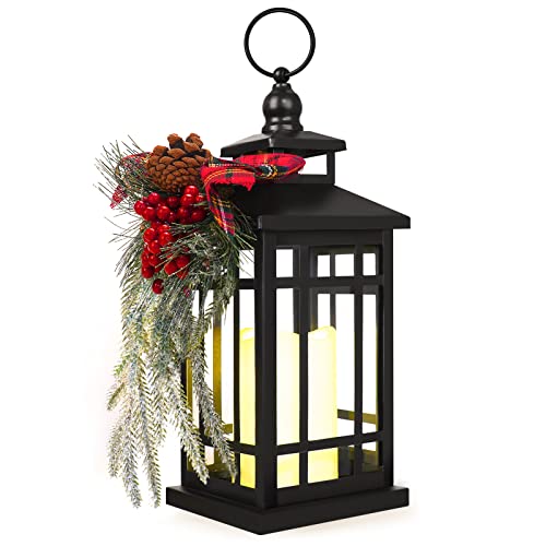 Metal Christmas Vintage Candle Lanterns with Led Light,Red Ribbon Decorative Hanging...