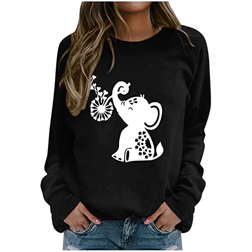 Long Sleeve Blouses for Women Fashion 2022 Casual Elephant Dandelion Print Shirts Fall Loose Fit Crewneck Sweatshirts