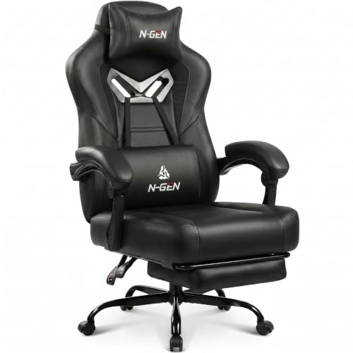 N-GEN GAMING Gaming Chair Big and Tall Computer Heavy Duty Office Desk Chair with Footrest Ergonomic Lumbar Support High Back Recliner for Adults (Dark Black)