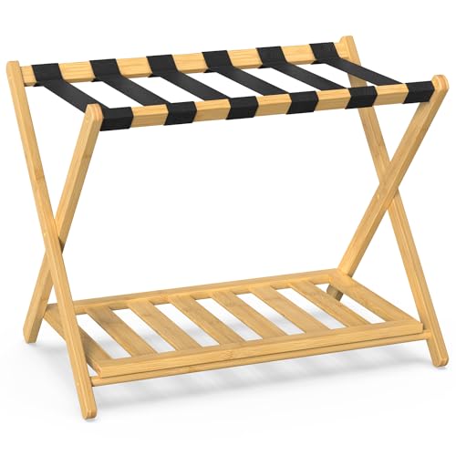 BAMBOOHOMIE Bamboo Luggage Rack for Guest Room, Wide Suitcase Stand with Storage Shelf, Folding...