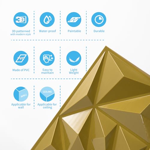 Art3d 33-Pack 3D Panels for Interior Decor, Diamond Textured Feature Paneling for Gaming Living Room TV Background Accent - 12 x 12 Inch Gold