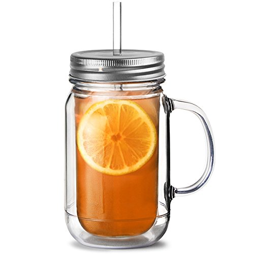 Pack of 4 Double Wall Plastic Mason Drinking Jar Glasses 16oz / 470ml | SAN Plastic Drinking Jars with Lid & Straw