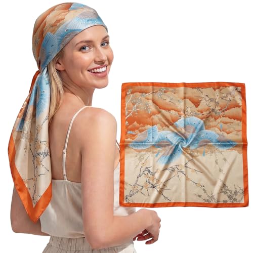 RIIQIICHY 35 Inches Head Scarf for Women Silky Feel Hair Wrapping Square Printed Scarves Top Bag Accessory C004