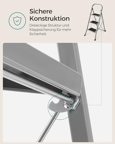 SONGMICS Trittleiter, Leiter mit 3 Stufen, Klapptritt, Klappsicherung, einfach zu verstauen, bis 150 kg belastbar, Taubengrau GSL003GY01