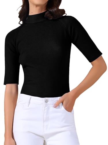 Allegra K Women's Casual Office Mock Neck Sweater Short Sleeve Ribbed Knit Pullover Tops