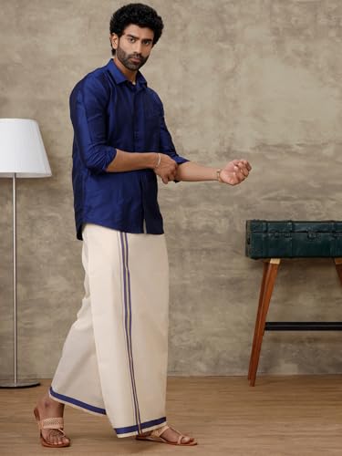 Image of RAMRAJ COTTON Men Parsley Silk Cotton Full Sleeves Shirt with Matching Border Tissue Dhoti Set