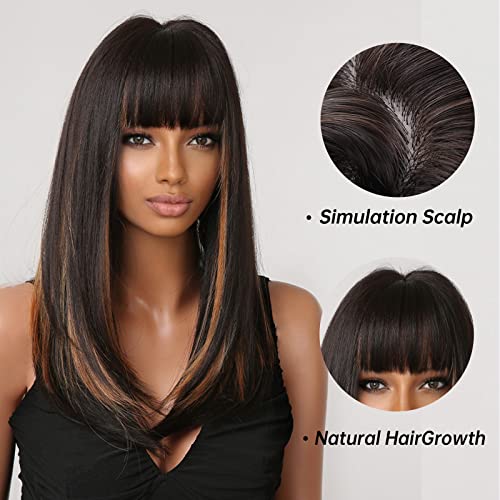 Allbell Long Black Wigs For Women Shouler-Length Black Mixed Blonde With Bangs Natural Synthetic Wig Hair Repalcement Wig For Daily Party Use #TOP1