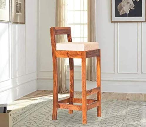 Image of OGESTA Solid Sheesham Wood Bar Chair for Kitchen Island & Breakfast Counter | High Back Wooden Bar Stool with Cushioned Seat | Rustic Walnut Finish | Home Bar & Dining Counter Chair (style 9)