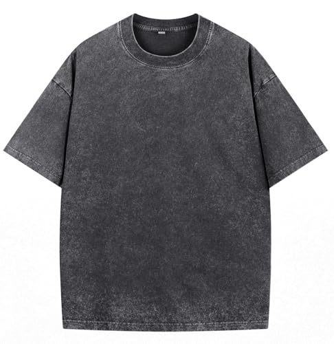 NITAGUT Men's Oversized Cotton T-Shirts Vintage Unisex Short Sleeves Loose Streetwear Casual Wash Solid Basic Tops Tee, Black, Medium