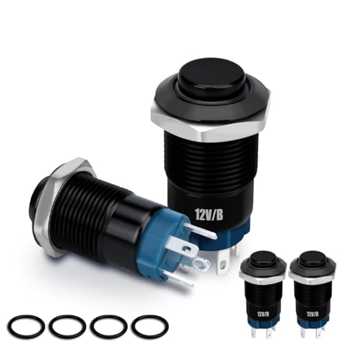 Innfeeltech 4 Pcs Interruptor pulsador impermeable DC 12V SPST ON/OFF Interruptor para agujero de montaje de 12mm carcasa de metal negro con anillo de luz LED azul