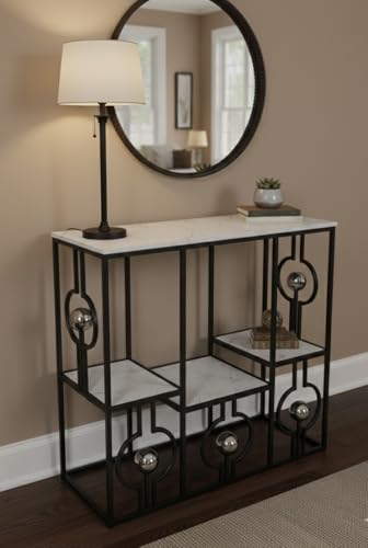 Image of Console Table with Storage, Modern Engineered Wood, Gold Metal Frame with Decorative Spheres, 30x30x7.5 Inch (Black White)