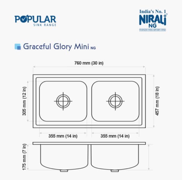 Image of Nirali Kitchen Sink Double Bowl 30 inch x 18 inch 304 Grade Stainless Steel | Sound Proof Double Bowl Kitchen Sink with Waste Coupling Graceful Glory (Glossy Finish, 30 inch x 18 inch)