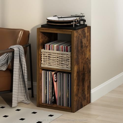 Image of Furinno Cubicle Record Player Stand, 2-Cube Record Storage, Amber Pine | Vinyl Storage, 1.2 inchInch Extra Thick, Open Back Media Shelf for CD DVD Bluray Game Disc, for Living Room, Home Office