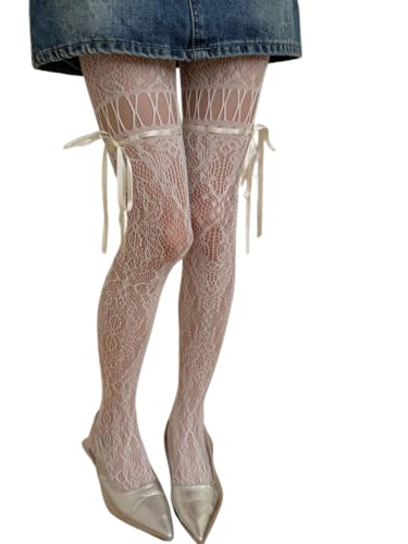 Hey Song Women's Sexy Lace Fishnet Tights with Ribbon Bow Garter Mesh Stockings for Women Girls Y2K Gothic Lolita Outfits