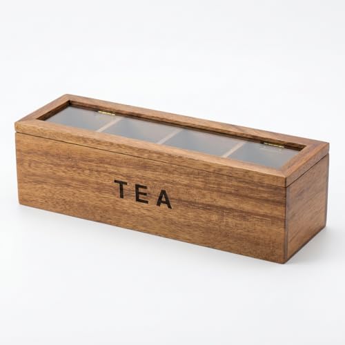 CIRCUIT GREEN Premium Acacia Wood Tea Box Organizer with Glass Lid 4-Compartment Tea Bag Holder for Kitchen Counter Laser-Engraved TEA Natural Acacia Storage Box for Tea Bags & Coffee Station