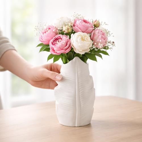 Image of Plastic White Ceramic-Look Leaf Design Vase for Flowers, Modern Textured Decorative Table Vase for Living Room, Bedroom, Office, Dining Table, Lightweight & Unbreakable Flower Pot (Leaf Shape)