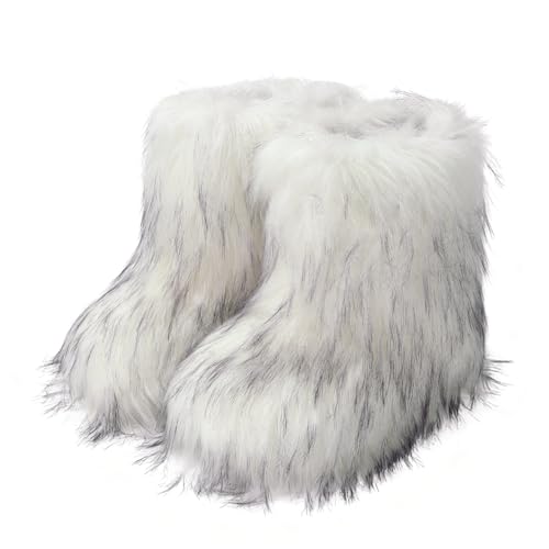 Wnshonzy Fur Boots for Women Furry Fuzzy White Y2k Fluffy Platform Flat Mini Boot Snow Winter Round Toe Comfortable Mid-Calf Short Ankle Classic Warm Outdoor 2025