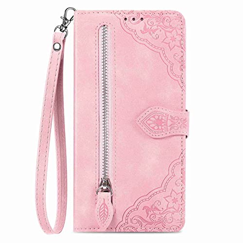 Knoowcase for Nokia C32 Case Flip Nokia C32 Phone Case Shockproof Wallet Pouch with Zipper Pocket PU Leather Protective Magnet Bumper Cover with Card Holder, Pink