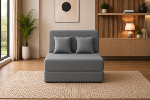Image of Sofa Cum Bed with Jute Fabric, Convertible One Seater Sofa Bed 3x6 Ft, Comfortable Cushioned Seating, Space Saving Design for Living Room, Bedroom & Guest Room - Grey Color