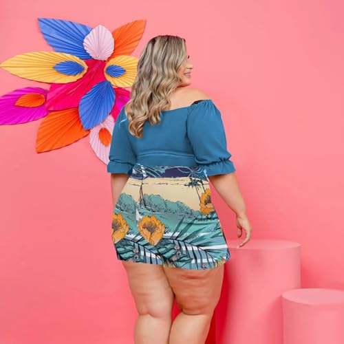 Image of Women Plus Size Skirt Two Piece Outfit Short Sleeve Off The Shoulder Crop Top shorts Dress Suit Set