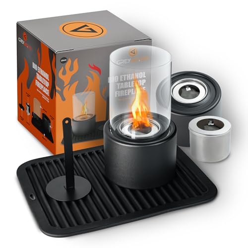 Grey Beard Bioethanol Table Top Fire Pit | With Protective Silicone Mat and Metal Flame Snuffer | Portable Indoor/Outdoor Tabletop Fireplace | Mini Burner Using Smokeless, Odourless Bio Ethanol Fuel