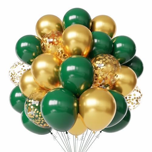 Green and Gold Latex Balloons 60pcs 12 Inches Metallic Green Gold Confetti Balloons with 1 Ribbon for Graduation Jungle Birthday Baby Shower Party Decorations
